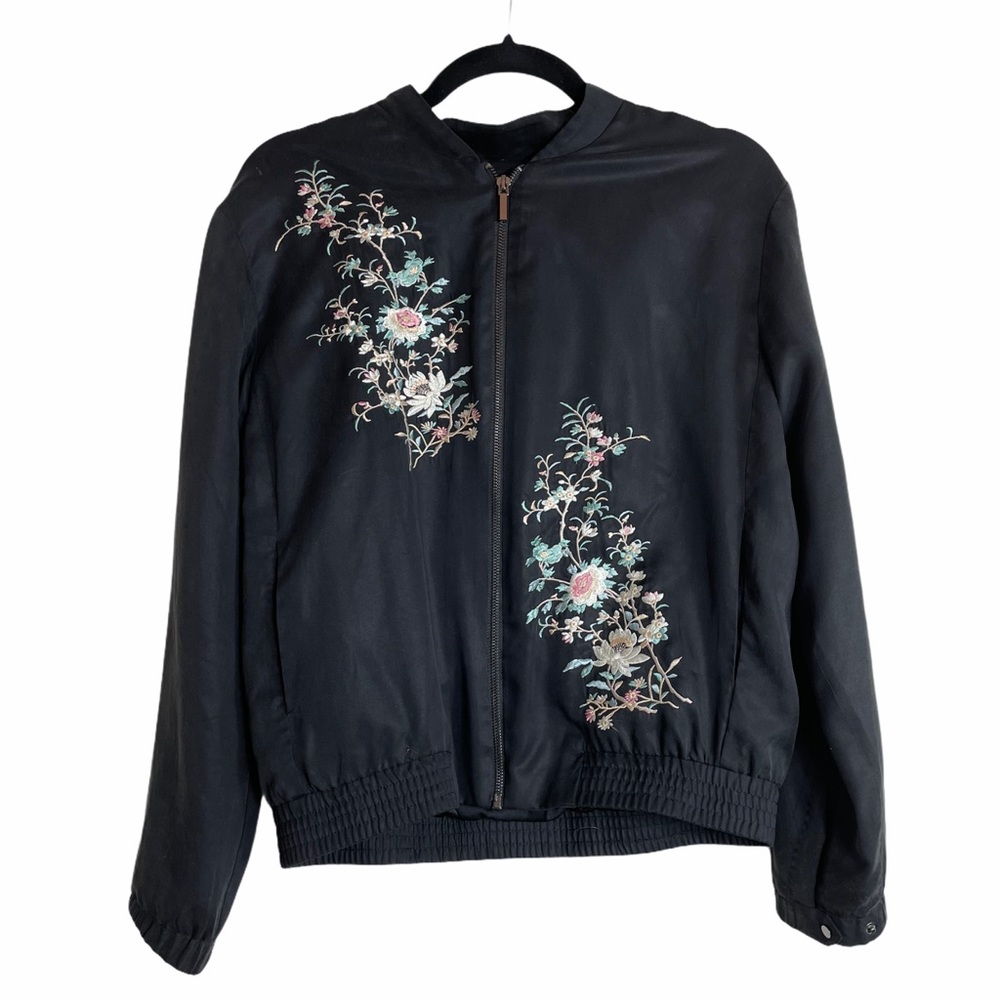 A. Moss Black Floral Embroidered Bomber Jacket S